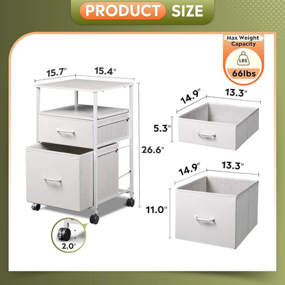 2 Drawer Fabric Vertical Filing Cabinet With Rolling Printer Stand For Home Office White