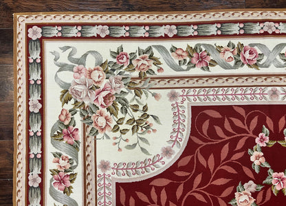 Wonderful Aubusson Rug 9x12, Handmade Vintage Needlepoint Carpet, Red and Ivory, Elegant European Design, Wool