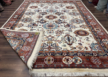 Indo Chinese Wool Rug 9x12, Ivory and Rust Red, Dragon Motifs
