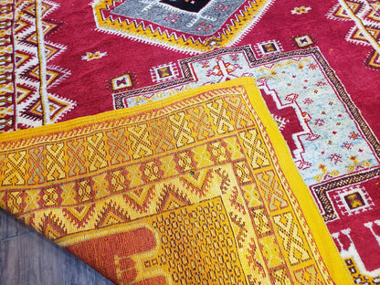 Vintage Moroccan Rug 6x10, Red and Yellow Moroccan Carpet, Handmade Bohemian Tribal Area Rug, Hand-Knotted 1970s Wool Rug, Medalions