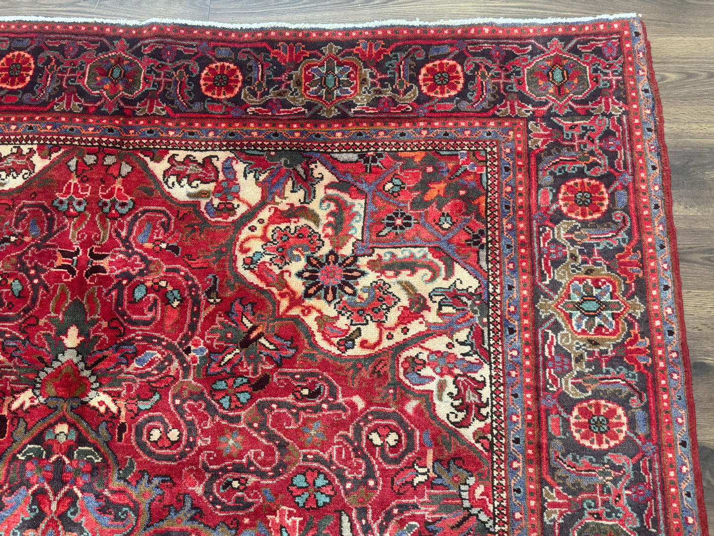 Persian Heriz Rug 7x10, Red and Navy, Geometric Medallion, Vintage Wool Carpet