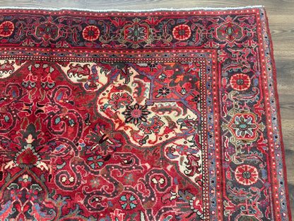 Persian Heriz Rug 7x10, Red and Navy, Geometric Medallion, Vintage Wool Carpet