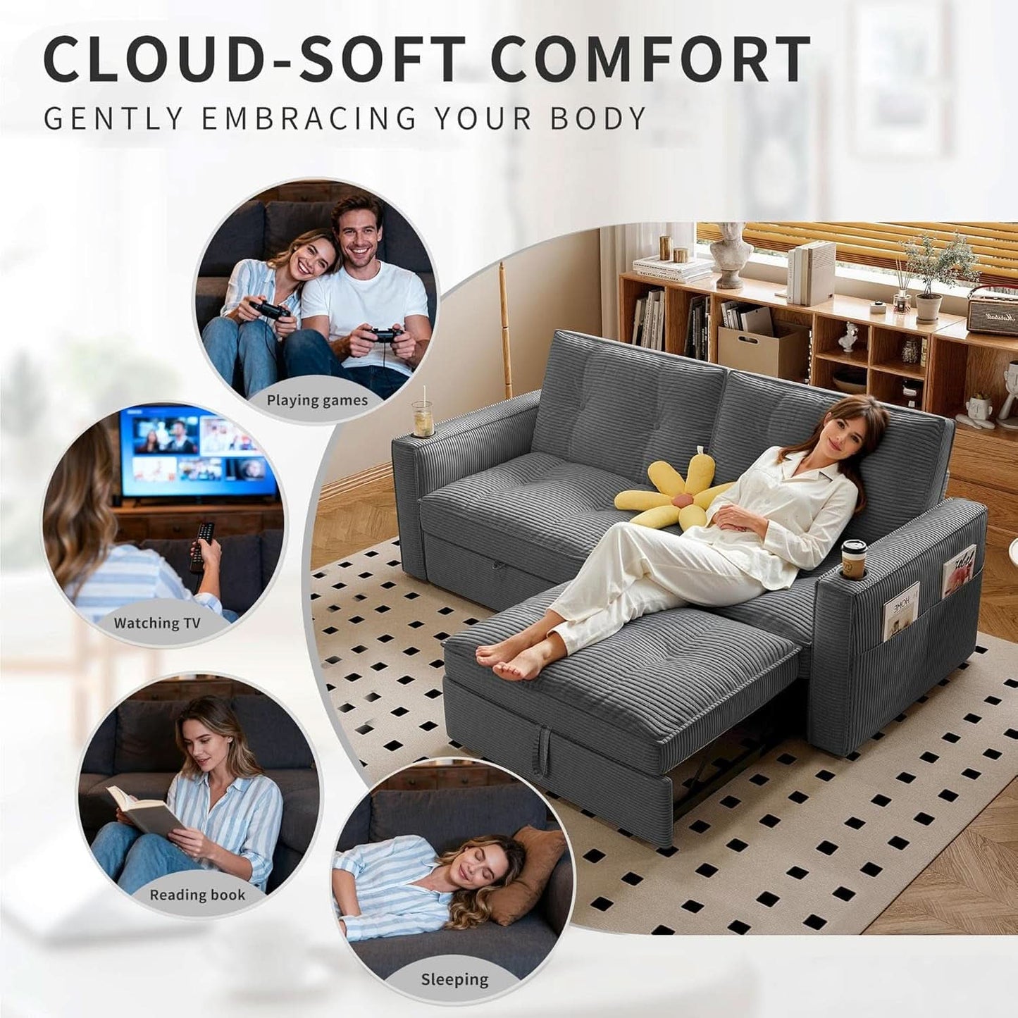 Gray Queen CorduroyTexture Transformable Sofa Bed USB