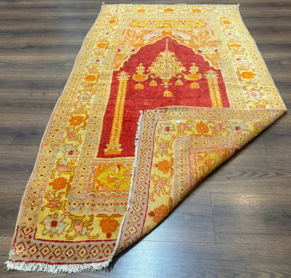 Antique Turkish Prayer Rug 4x6, Red and Golden Mustard, Mihrab Design, Anatolian Carpet