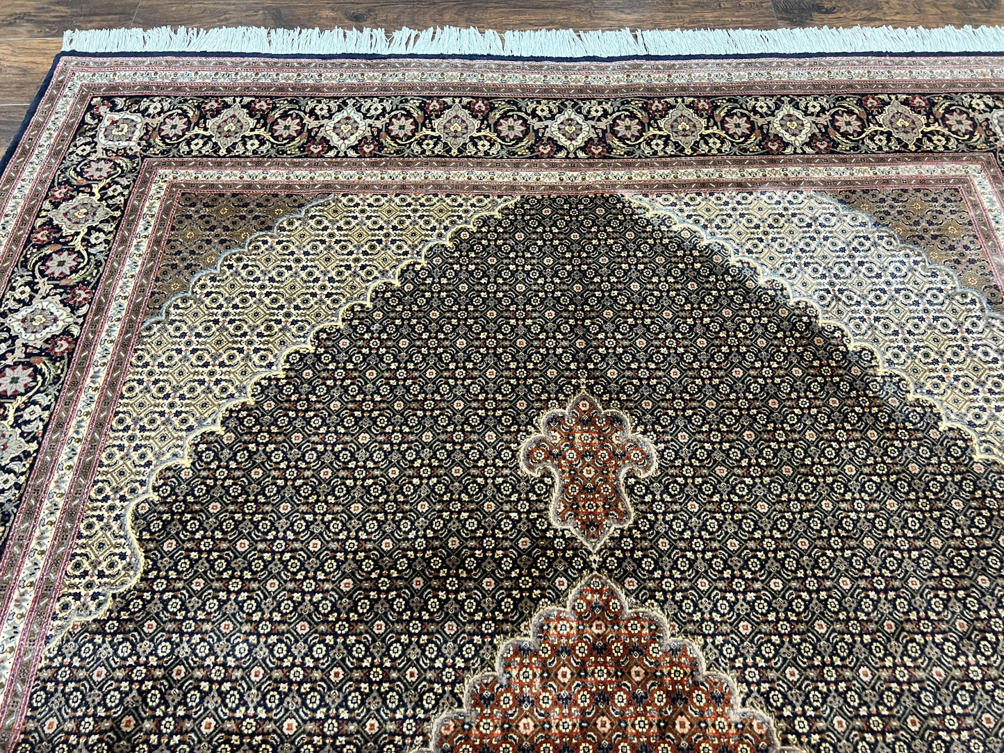 Persian Tabriz Rug 7x10, Very Fine 330 KPSI 50 Raj, Black and Beige, Handmade Wool Vintage Persian Carpet