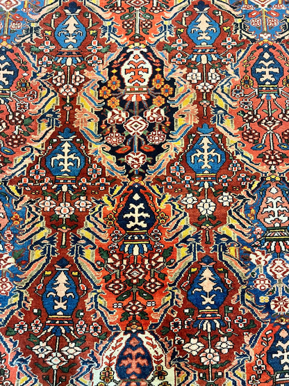 Large Persian Bakhtiari Rug 10x14, Rare Perisan Tribal Rug, Red Blue Ivory Multicolor, Hand Knotted, Semi Antique Carpet