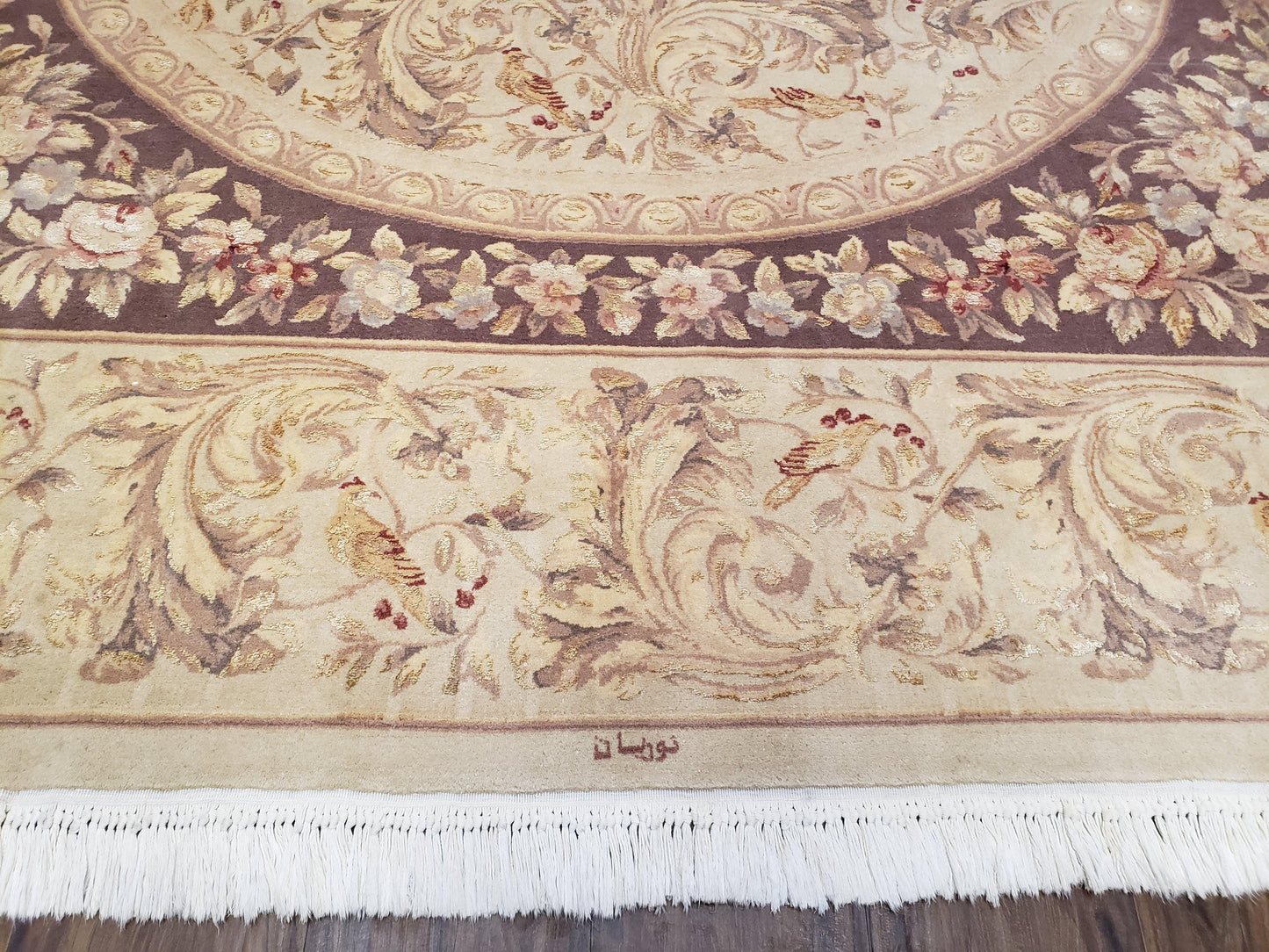 Chinese Aubusson Savonnerie Area Rug 8x12, Vintage 120 Line Carpet, Wool and Silk Hand-Knotted, Birds Flowers Master Weaver Signature