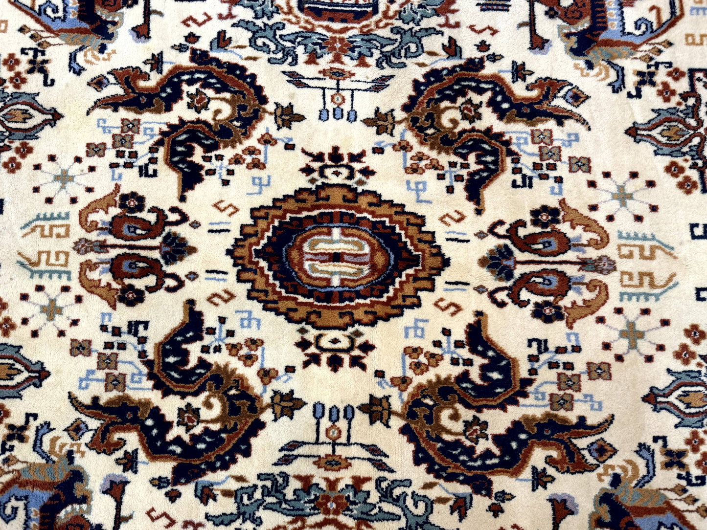 Indo Chinese Wool Rug 9x12, Ivory and Rust Red, Dragon Motifs