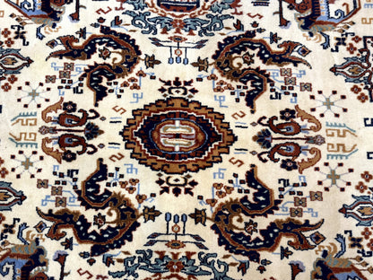 Indo Chinese Wool Rug 9x12, Ivory and Rust Red, Dragon Motifs