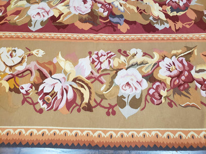 Vintage Chinese Aubusson Savonnerie Flat Pile Rug 9.9 x 14.5 Wool Handwoven Red & Khaki Large Flowers Rug 9x14 - 10x15 Michaelian Kolhberg