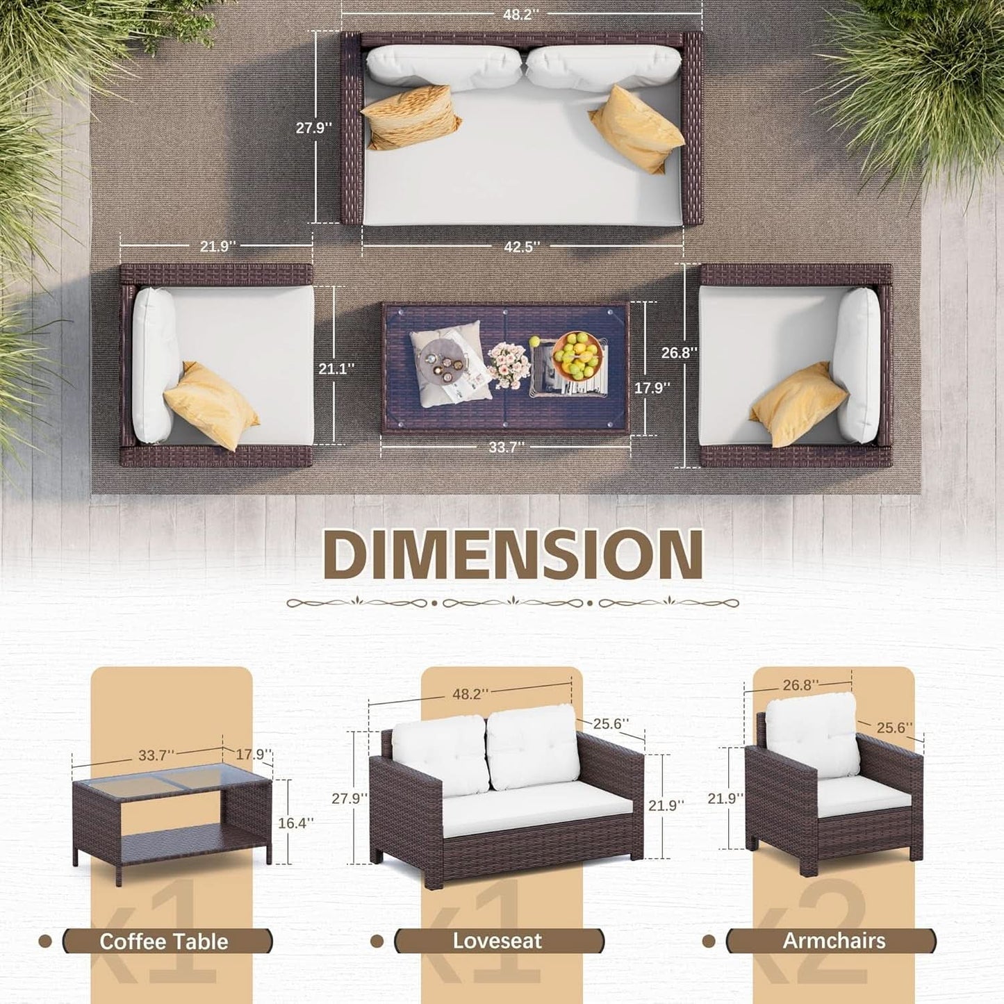 4 Piece Patio Rattan Furniture Set Beige Cushions Outdoor