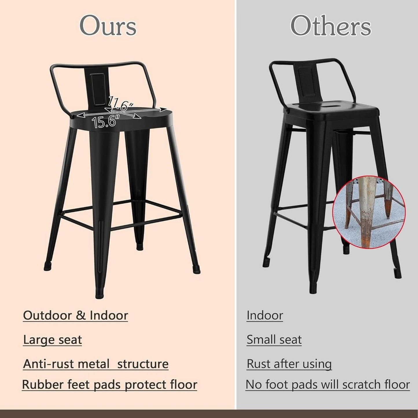 24 Inch Black Outdoor Metal Bar Stools Set of 4 Counter Height Large Ergonomic Seats