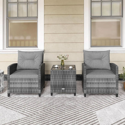 3 Piece Patio Furniture Set Outdoor PE Rattan Conversation Set With Washable Cushions And Tempered Glass Table Grey