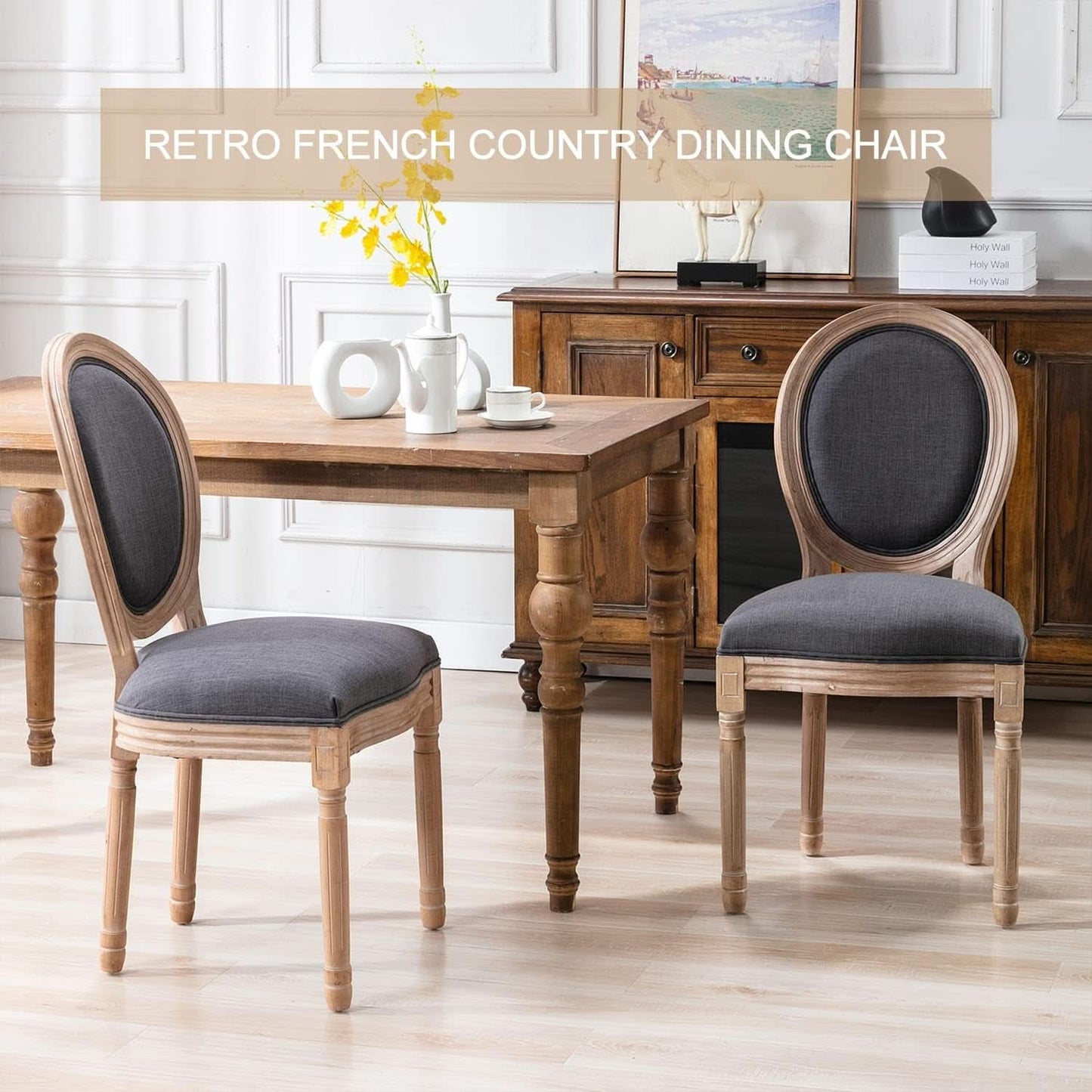 Set Of 4 French Vintage Dining Chairs Solid Wood Frame Tufted Fabric