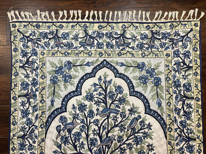 Tree of Life Indian Hand Stitched Rug 4x6, Indian Wall Hanging Rug, Ivory Blue, Silk on Cotton, Vintage