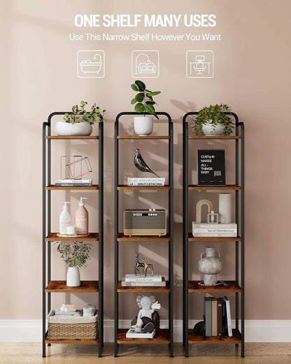 5-Tier Industrial Corner Shelf Narrow Rustic Black Bookcase