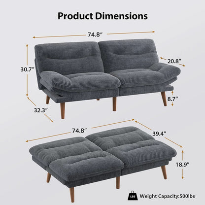 Corduroy Grey 73In Adjustable Backrest Futon SofaBed