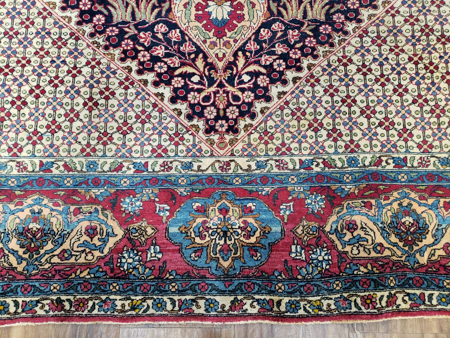 Antique Persian Tehran Rug 5x8, Midnight Blue and Red, Hand-Knotted, Wool