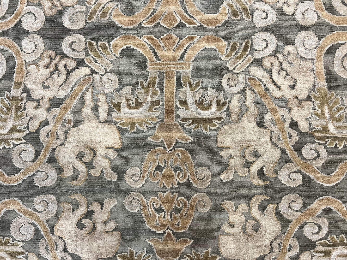Spanish Rug 11x14, Wool Hand Knotted Vintage Carpet, Olive Green and Beige, Floral Allover, European Design, 11 x 14 Rug