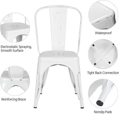 Stackable Distressed White Metal Dining Chairs For Indoor Outdoor Set Of 4