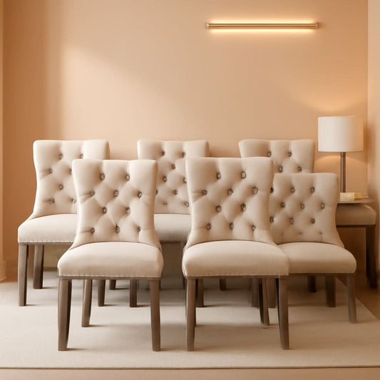 Beige Velvet Wingback Dining Chairs Set Of 6 Modern Mid Century