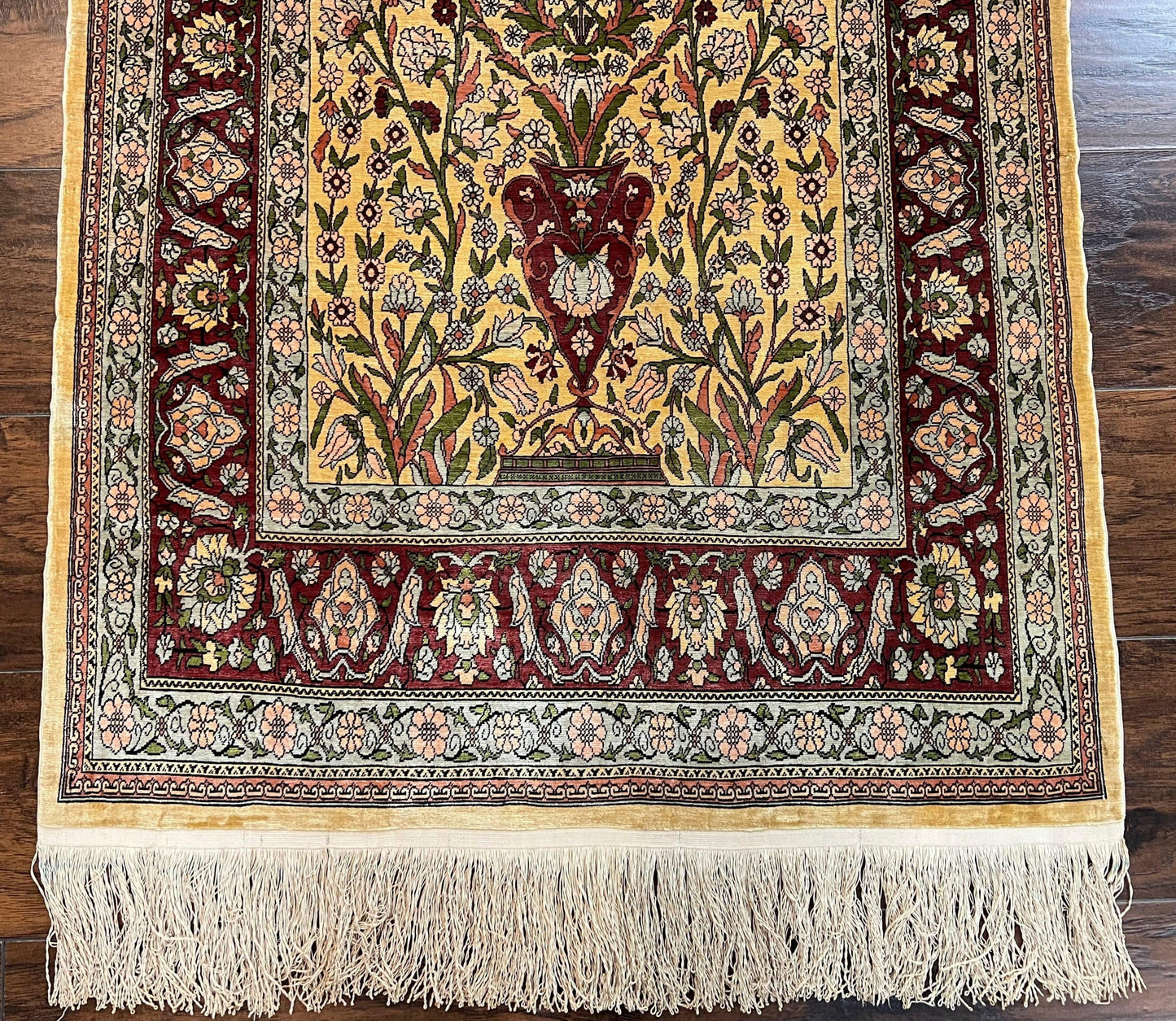 Wonderful Silk Turkish Hereke Prayer Rug 2.8 x 4.5, Tree of Life Design, Signature from Master Weaver, Gold and Burgundy, Handmade, 625 KPSI
