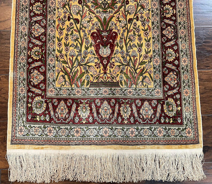 Wonderful Silk Turkish Hereke Prayer Rug 2.8 x 4.5, Tree of Life Design, Signature from Master Weaver, Gold and Burgundy, Handmade, 625 KPSI