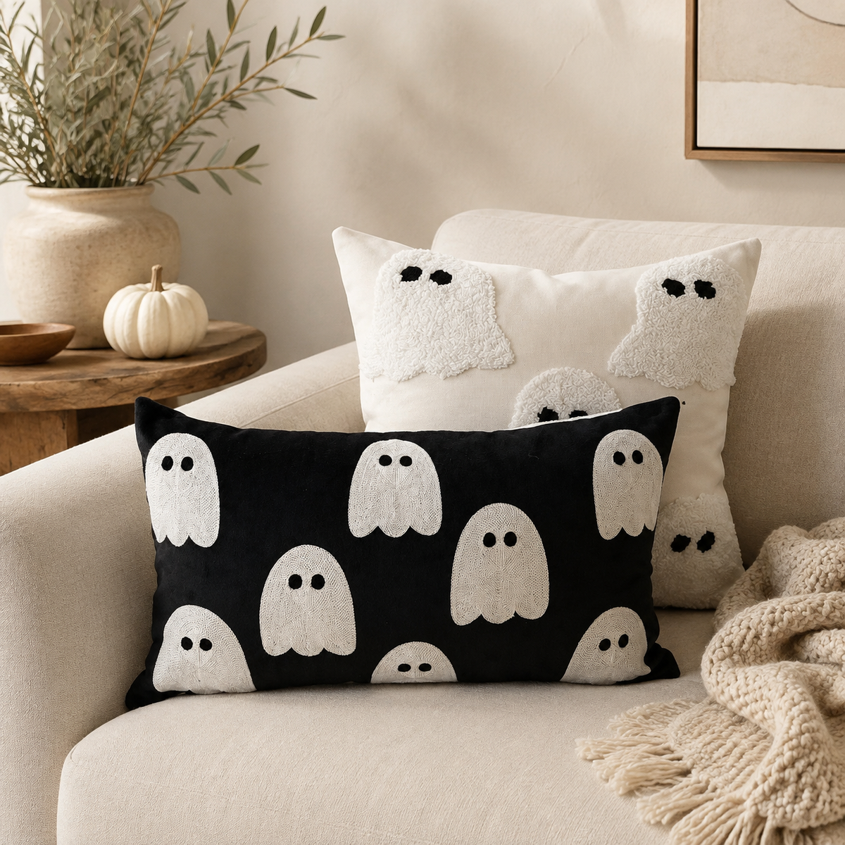 Ivory Tufted Ghost Pillow Cover