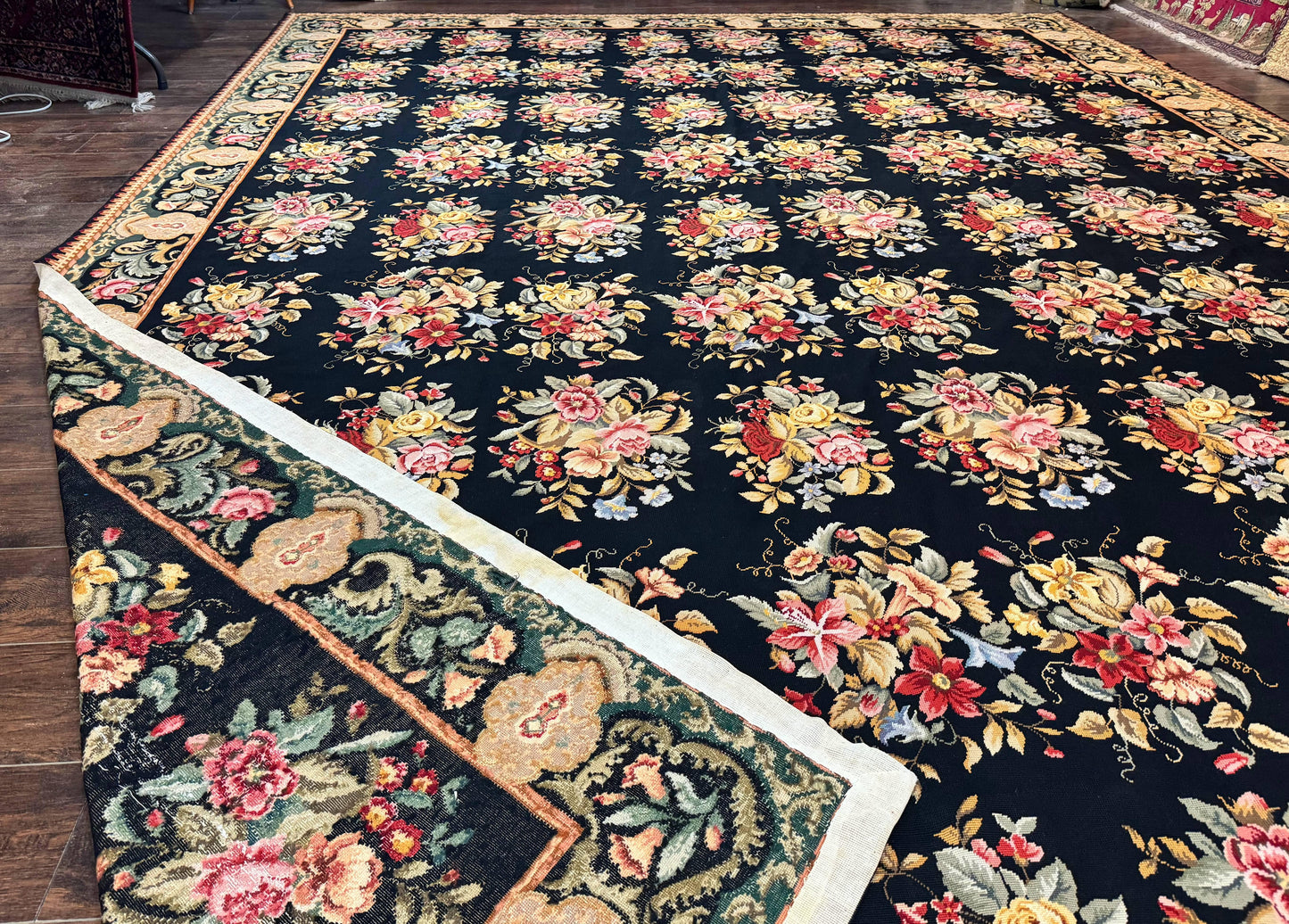 Palace Size Needlepoint Rug 12x16, Black and Colorful, Floral Panel, Handmade Oversized Wool Needlepoint Carpet, Rare