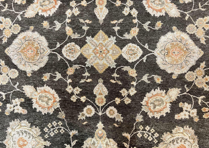 Indo Persian Rug 9x12, Sultanabad Indian Carpet, Dark Brown, Hand Knotted Vintage Wool Rug