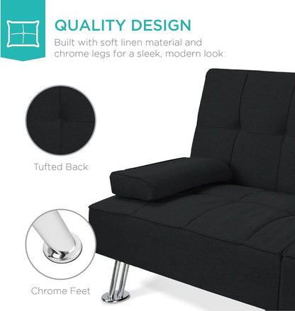Black Linen Folding Futon Recliner With Cupholders