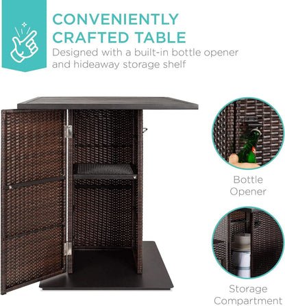 Brown Outdoor Wicker Bar Table Set With Bottle Opener