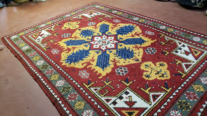 Colorful Moroccan Heriz Rug 6x9, Large Central Medallion, Red Yellow Blue