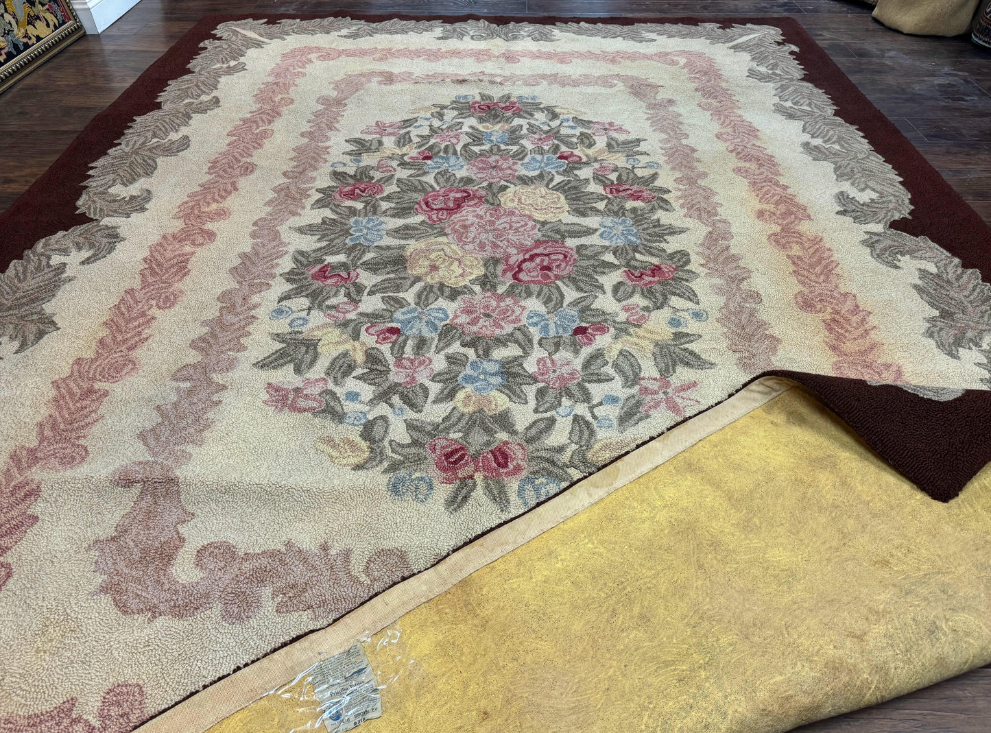 American Hand Hooked Rug 9x12, Vintage Aubusson Carpet, Wool