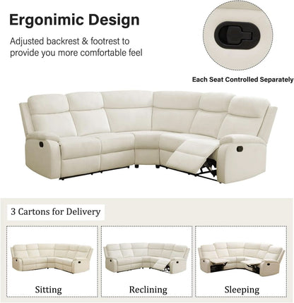 Off White Recliner Sectional Sofa Five Seats Living Room