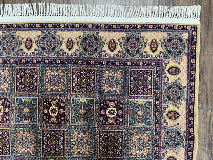 Indo Persian Silk Rug 4x6, Panel Design, Small Flowers, Hand Knotted, Fine Weave, Oriental Carpet 4 x 6, Vintage Area Rug, Beautiful Rug