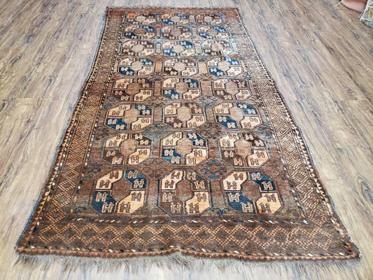 Antique Afghan Tribal Area Rug 4' x 7' 8", Afghanistan Bashir Oriental Carpet, Hand-Knotted Brown Vintage Rug, Wool on Wool Corridor Rug