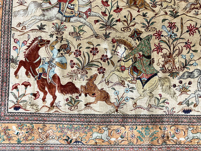 Silk Persian Qum Rug 3x5, Hunting Pattern, Handmade Vintage Carpet, Signed by Master Weaver, Horsemen Pictorials, Super Fine 650 KPSI