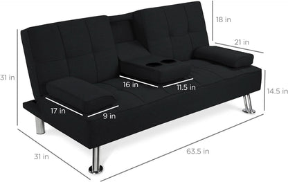 Black Linen Folding Futon Recliner With Cupholders