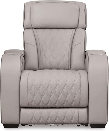 Light Gray Leather Power Recliner With Adjustable Headrest