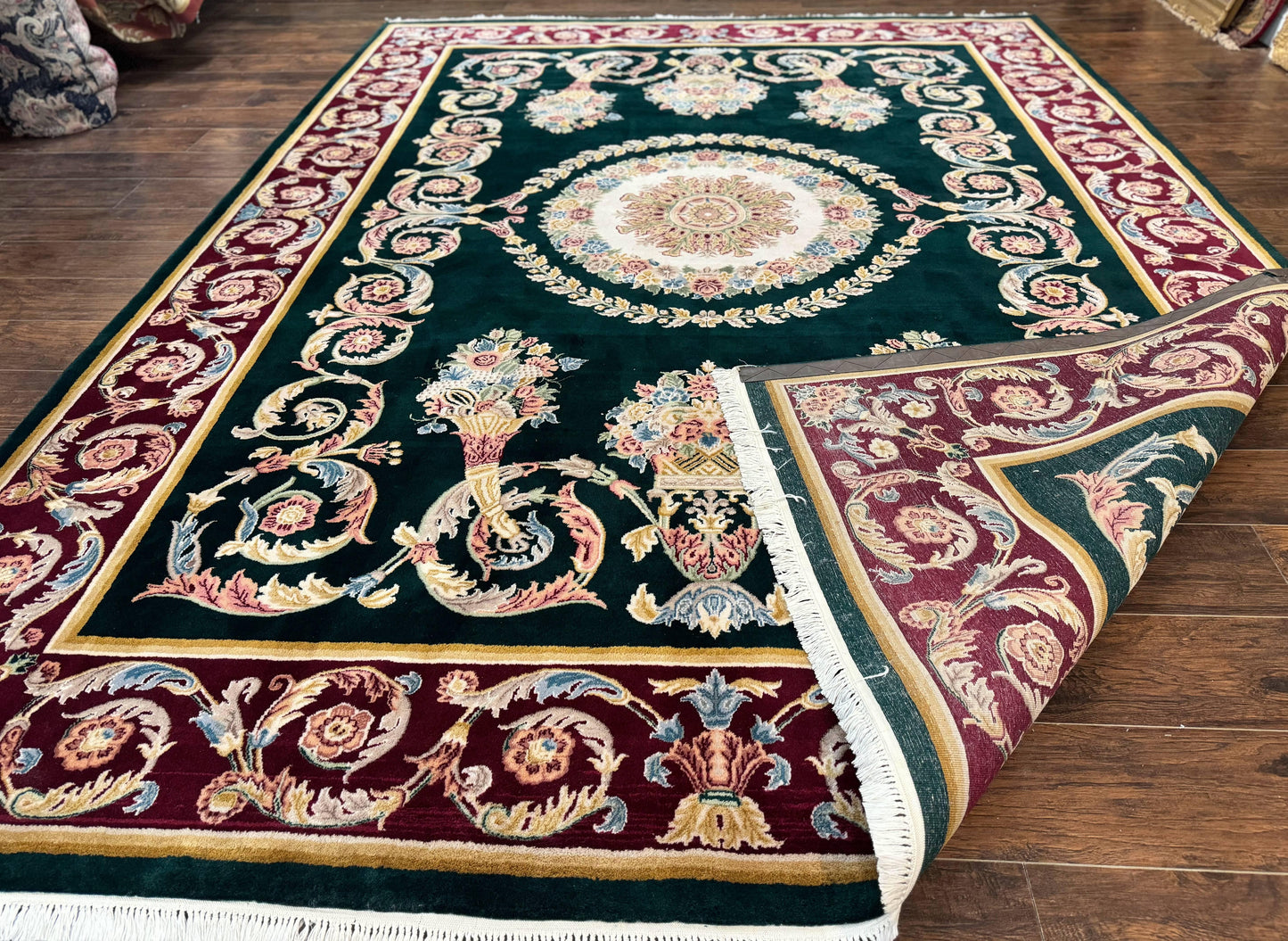 Aubusson Rug 9x12, Dark Green, European Design, Vintage Fine Handmade Carpet, Elegant