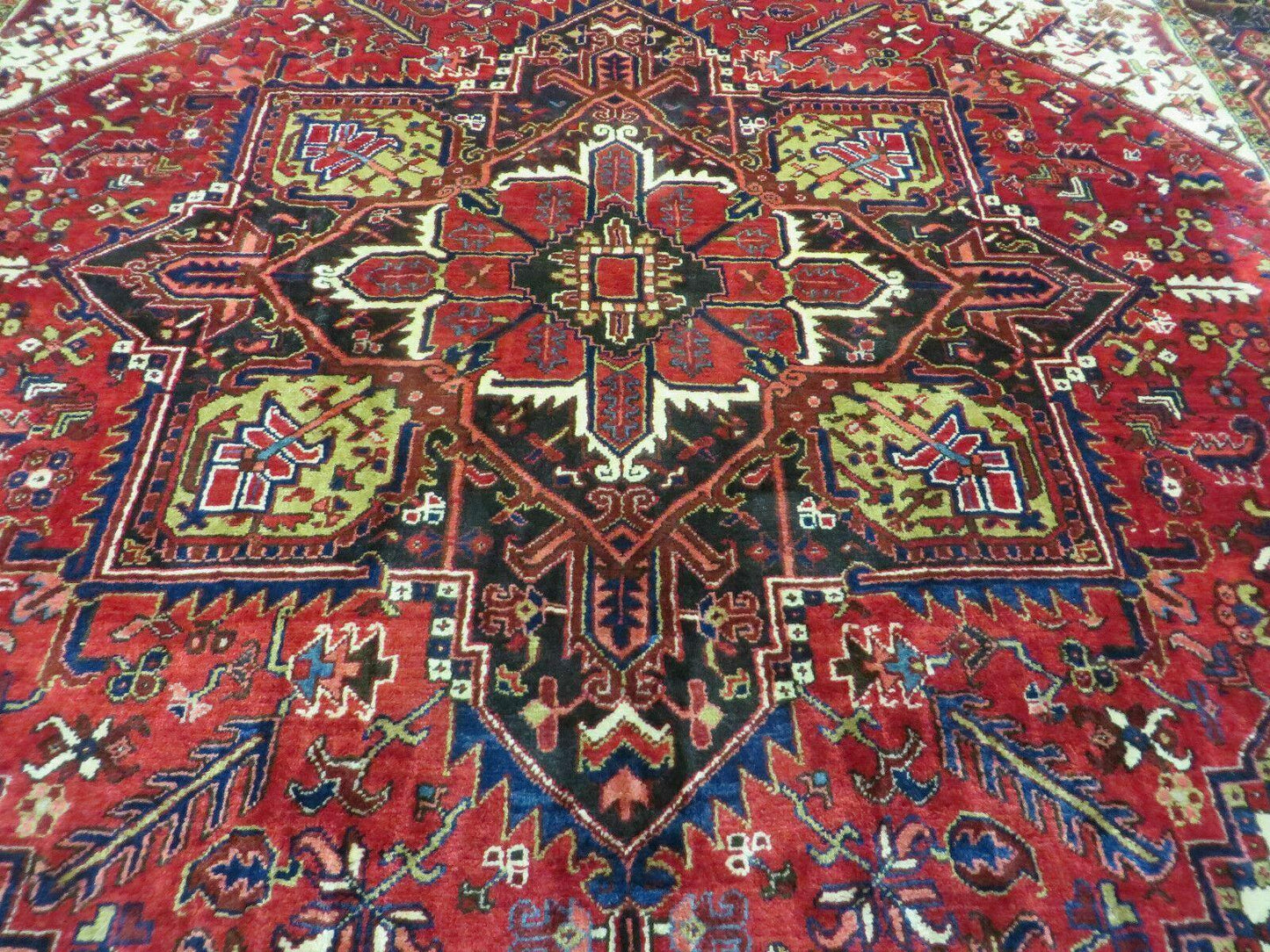 Wonderful Persian Heriz Rug 8.6 x 11, Geometric Heriz Carpet, Semi Antique Decorative Area Rug, Red Ivory Dark Blue Handmade Wool Room Sized