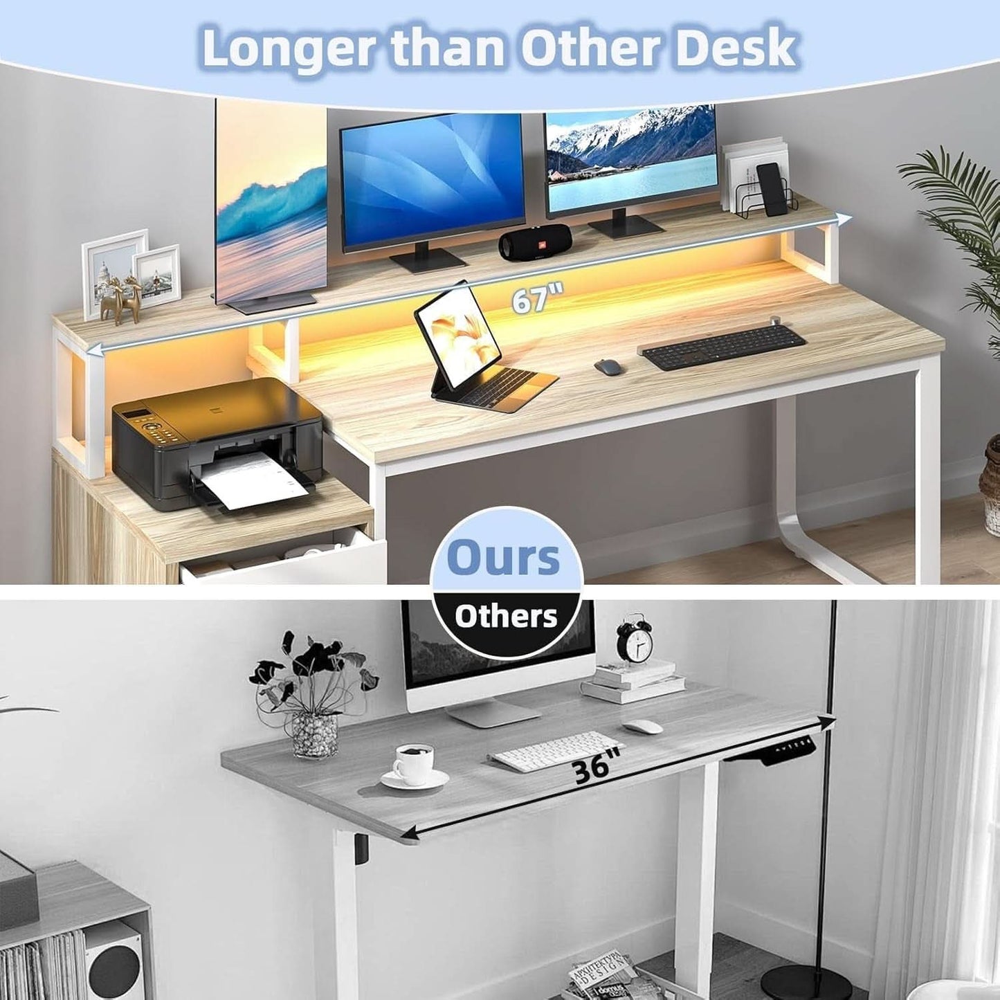67 nch White Walnut Computer Desk With LED Lighting