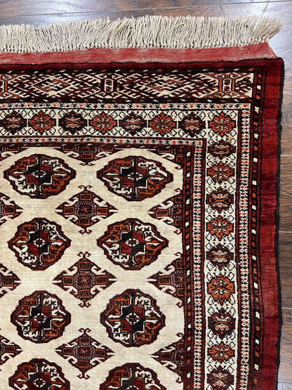 Persian Turkoman Rug 7x8, Almost Square Rare, Hand Knotted, Yamud, Bohemian Rug, Handmade Tribal Rug, Cream Red, Handmade Oriental Carpet