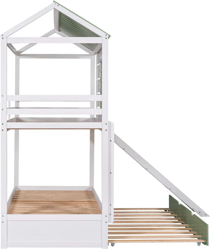 Bunk Bed Twin Over Twin With Slide And Trundle White Green