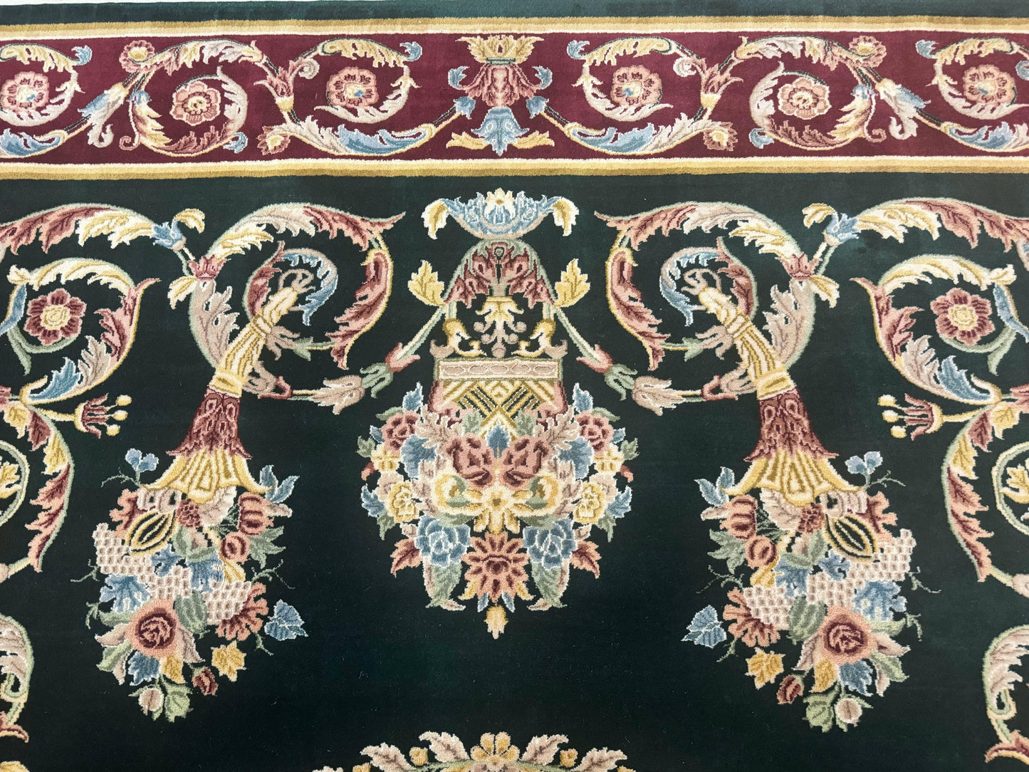 Aubusson Rug 9x12, Dark Green, European Design, Vintage Fine Handmade Carpet, Elegant