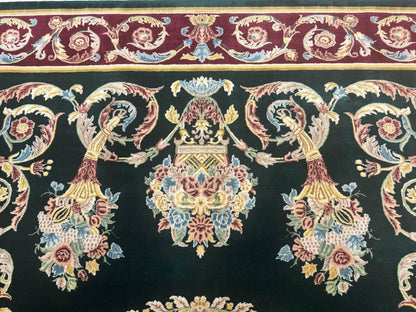 Aubusson Rug 9x12, Dark Green, European Design, Vintage Fine Handmade Carpet, Elegant