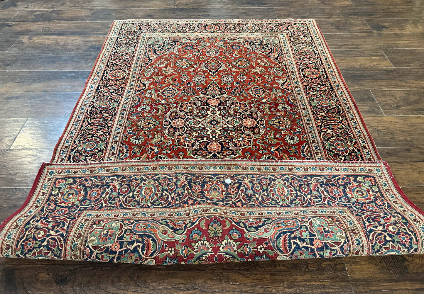Persian Kashan Rug 4x7, Red and Navy Blue, Floral Antique Carpet