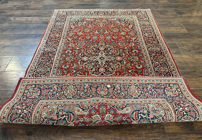 Persian Kashan Rug 4x7, Red and Navy Blue, Floral Antique Carpet