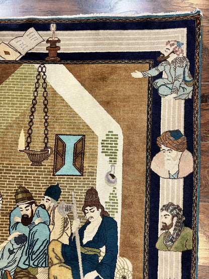 Persian Tabriz Pictorial Rug 3x5, Wall Hanging Carpet, Very Fine 60 Raj 475 KPSI, Hand Knotted Vintage Semi Antique, Wool, Persian Poetry